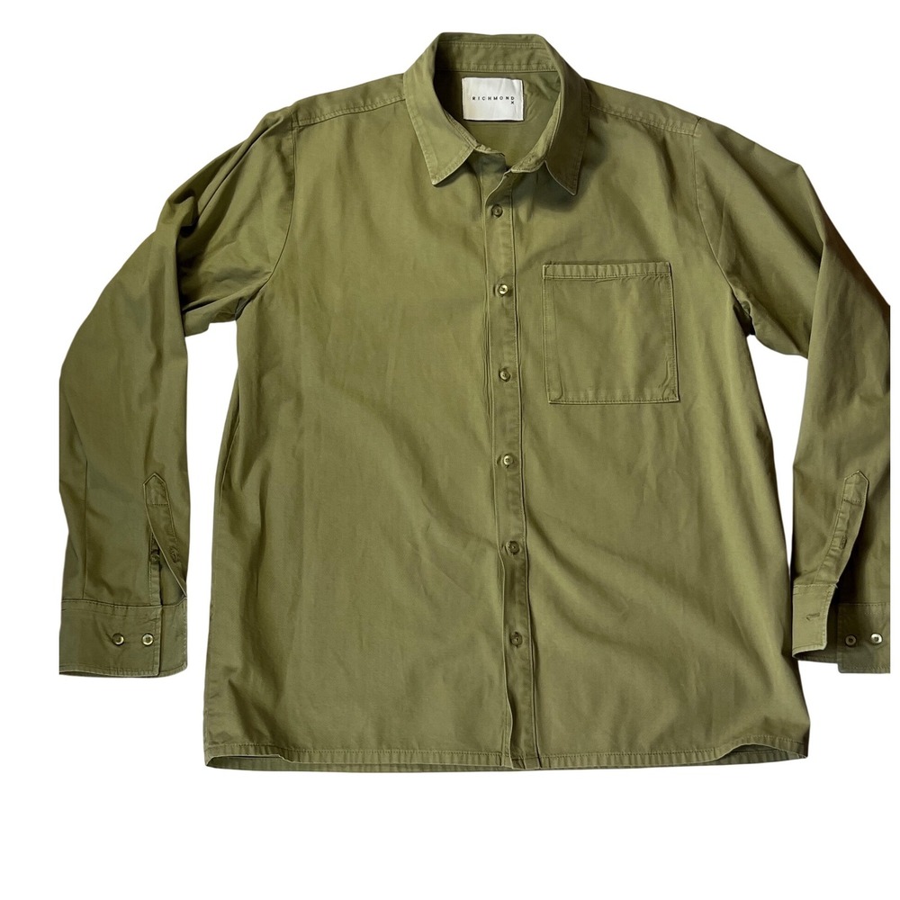 Richmond X Mens Olive Green Cotton‎ Twill Button Down Shirt Long Sleeve Large